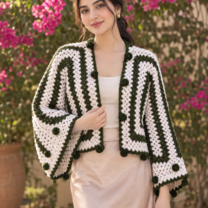 Olive green and white pom pom crochet cardigan with kimono sleeves