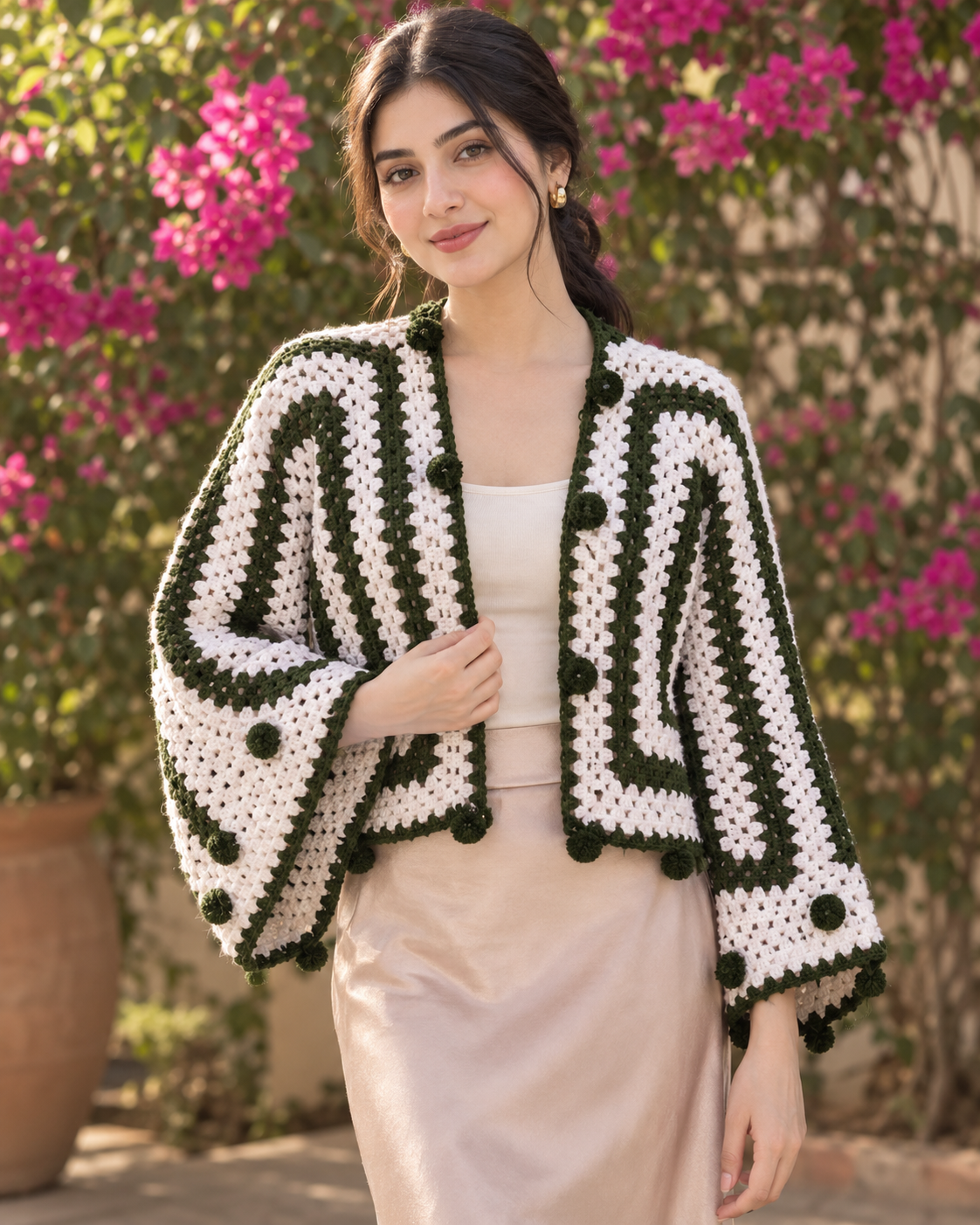 Olive green and white pom pom crochet cardigan with kimono sleeves
