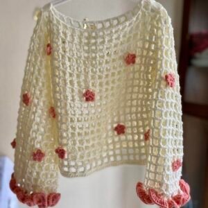 Ivory Coral Bloom Ruffle Crochet Top
