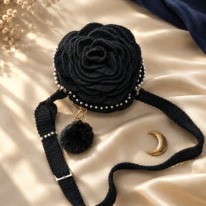 Black rose crochet bag styled on champagne satin with gold crescent moon (styled image)