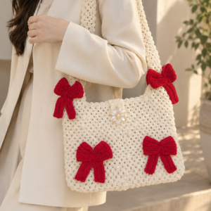 Crochet bow bag in cream with red bows