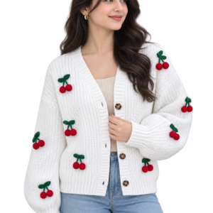 White cherry crochet cardigan with red crochet cherries and puff sleeves