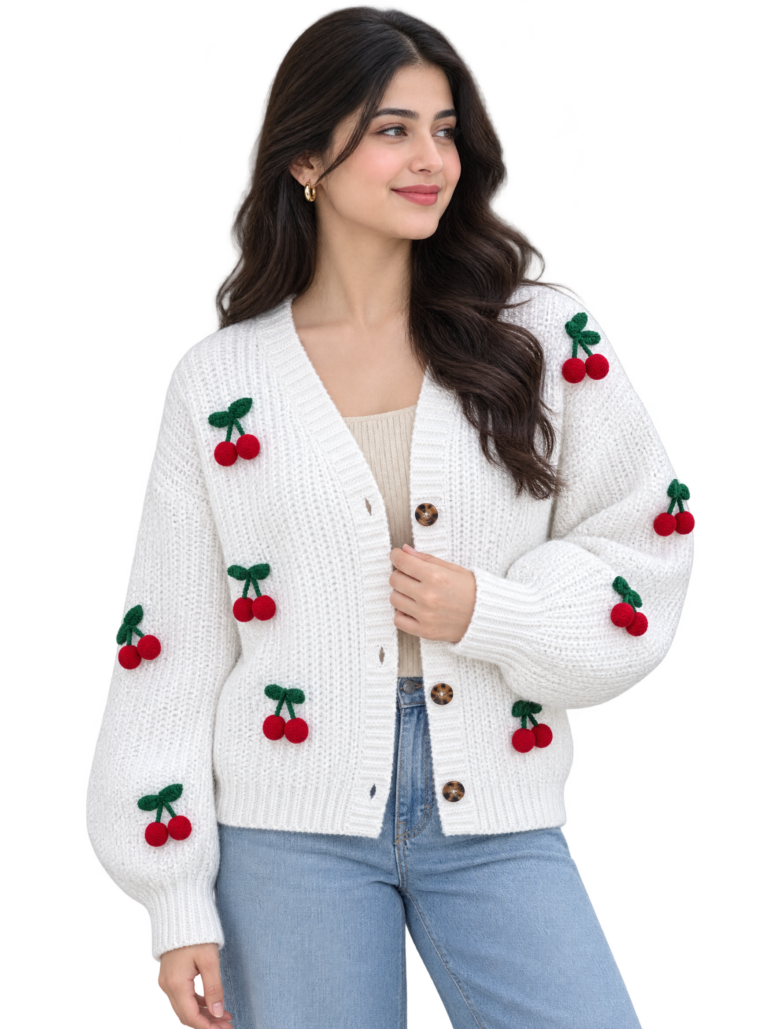 White cherry crochet cardigan with red crochet cherries and puff sleeves