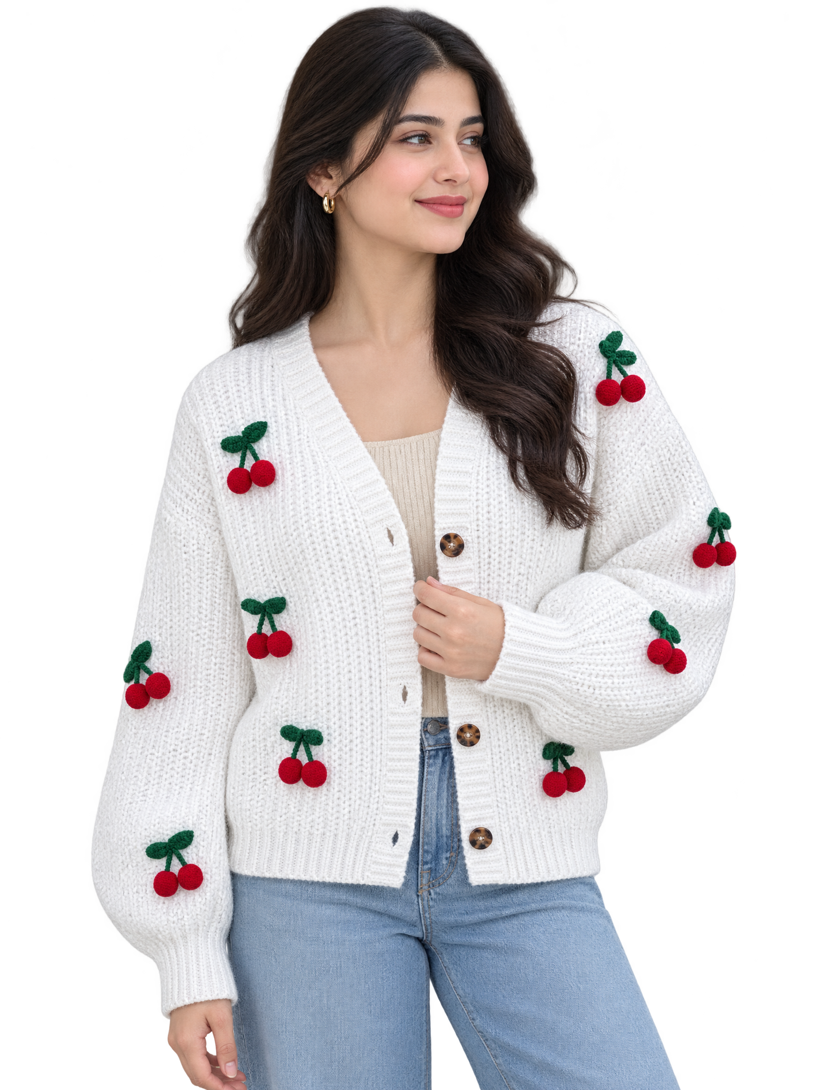 White cherry crochet cardigan with red crochet cherries and puff sleeves